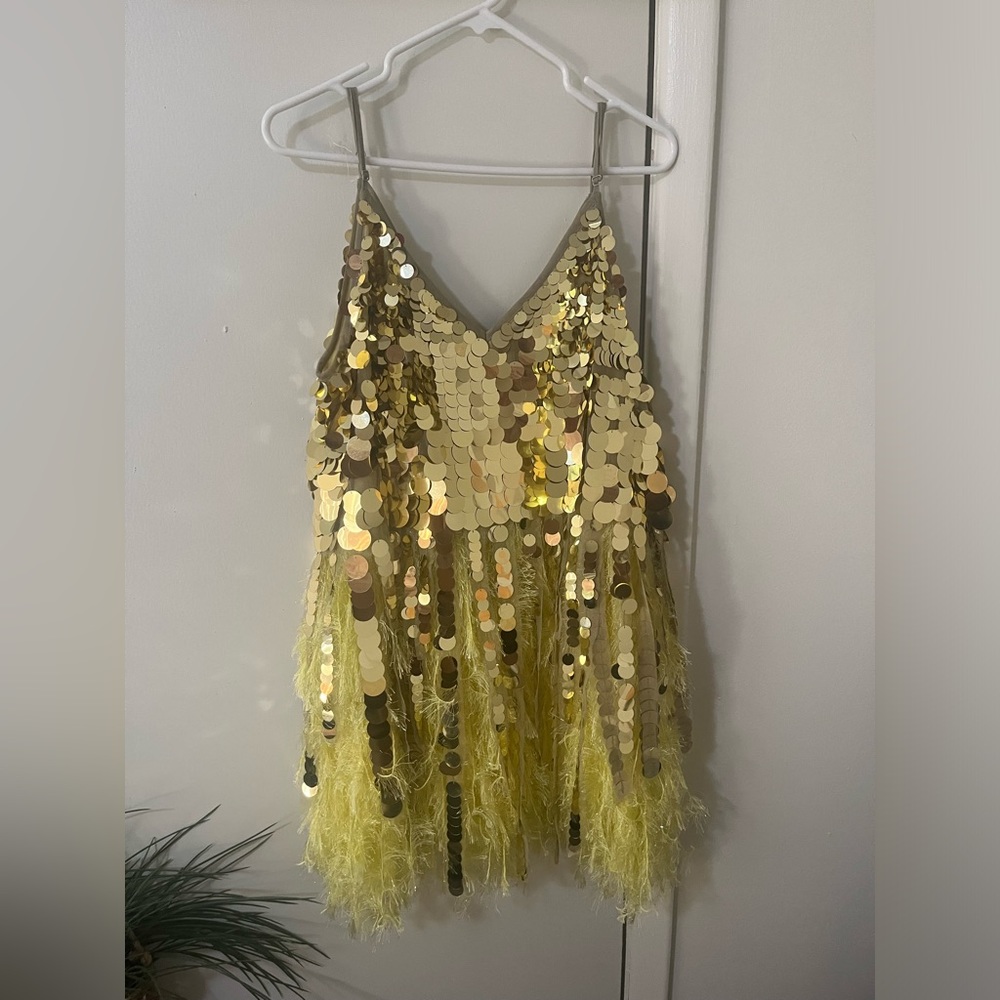 Asos Edition Paillette Sequin Mini Dress Faux Feather Hem In Yellow NWT Sz10